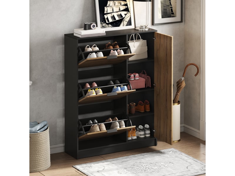  Meuble à chaussures en mdf, 3 abattants et 1 porte, capacité jusqu'à 12 paires, 100 x 30 x 130 cm, pour entrée étroite  - Conforama B