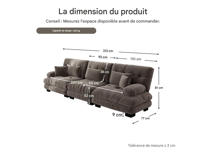  Canapé modulable 3 places en tissu chenille marron W3325S00235 - Conforama C
