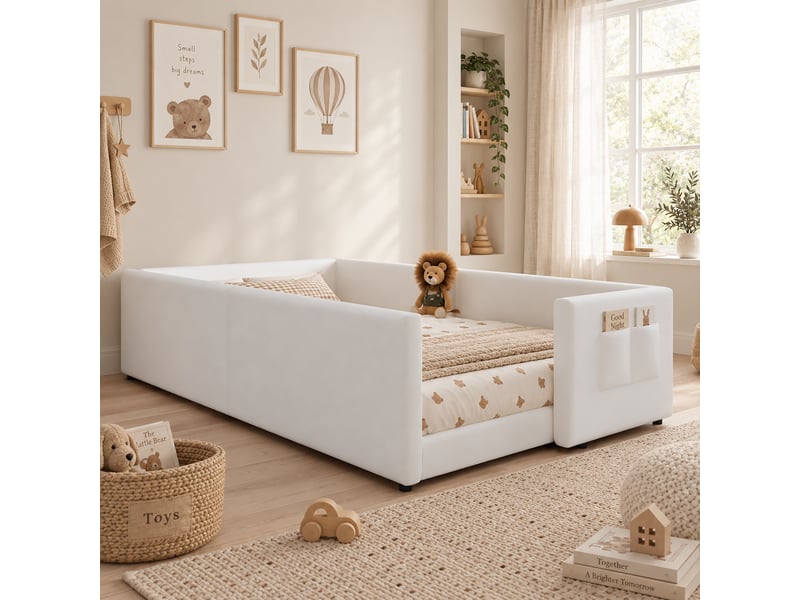  Lit enfant 90x200 cm, lit au sol simple rembourré en velours blanc, côtés entièrement matelassés, faible hauteur, poche latérale de rangement  - Conforama C