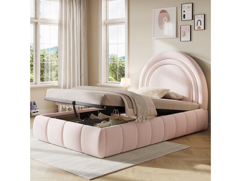  Lit coffre enfant 90x200 cm avec rangement hydraulique et tête de lit rembourrée lit simple avec sommier à lattes en velours rose BUYDEEMEUS - Conforama C