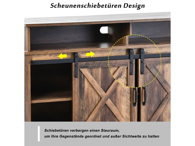  Meuble tv 150x40x80, grand modèle fermé avec 2 portes coulissantes et étagères réglables design fermier meuble tv avec rangement  - Conforama E