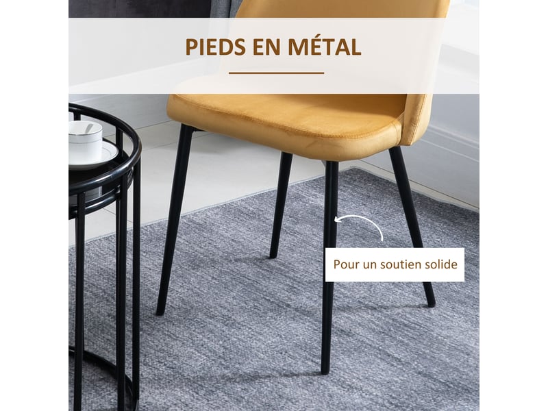  Lot de 2 chaises salle à manger chaise de cuisine scandinave chaise en velours rembourrée avec pieds effilés en métal, pour salon, jaune, salle à manger  - Conforama R