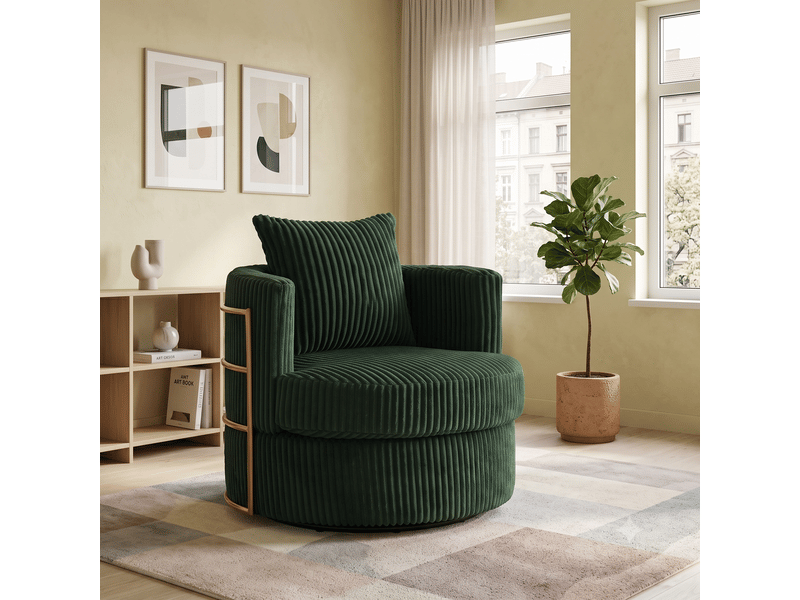 Fauteuil pivotant 360° en velours côtelé vert émeraude, avec rangement - Conforama C