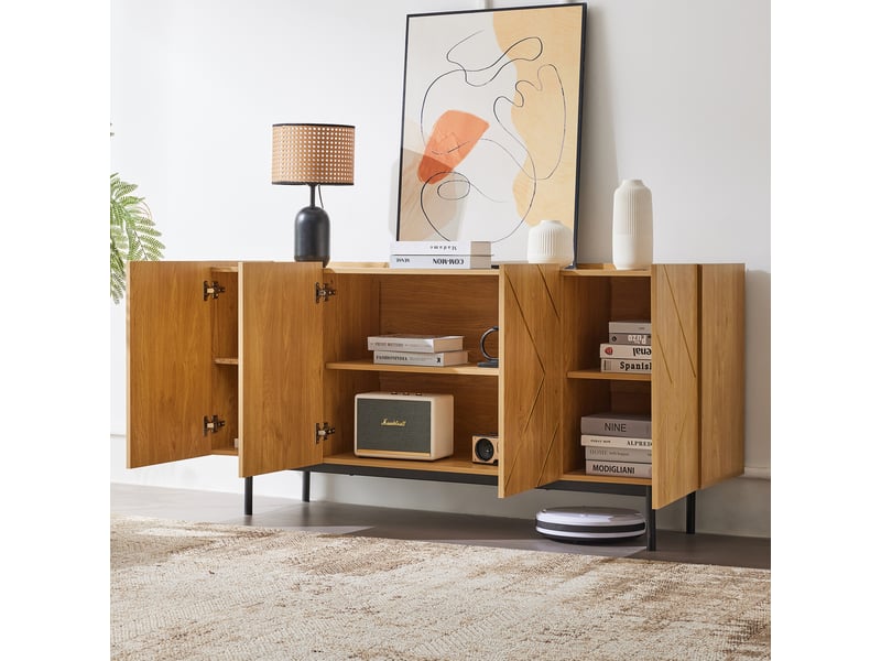 Buffet 4 portes bois naturel avec incrustations métal 160 cm - Conforama B