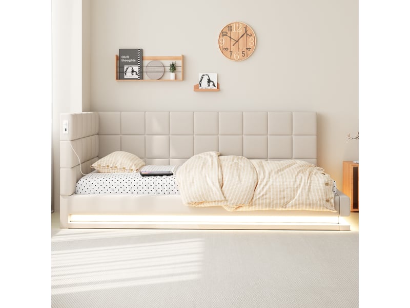 Lit banquette enfant 90 x 200 cm avec led, usb et sommier à lattes, lin, beige Fay Lum - Conforama D