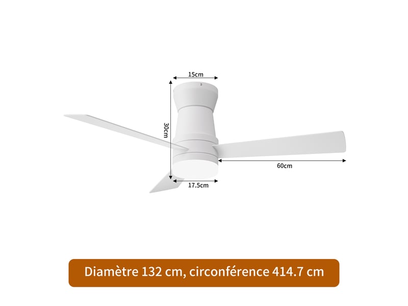  Ventilateur de plafond avec led - 52 pouces - 3 pales en contreplaqué, silencieux  - style moderne - blanc  - Conforama E