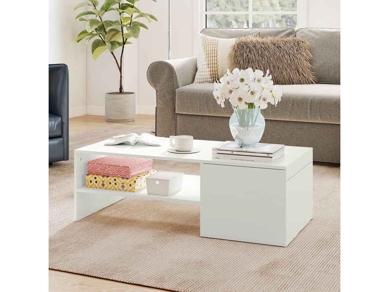  Table basse rectangulaire, table d'appoint plateau coulissant, rangement caché, étagère ouverte, blanc, 110 x 52 x 36 cm  - Conforama A