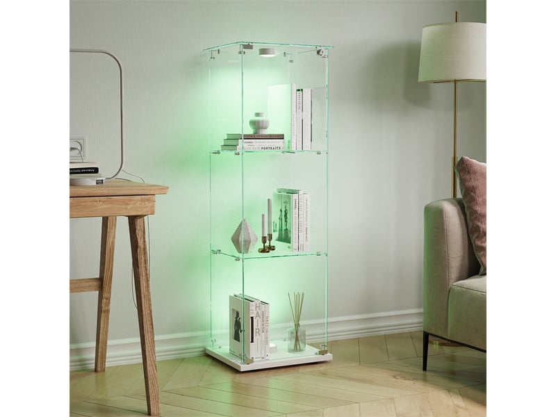  Vitrine en verre 123.3x39.8x35cm - vitrine 1 porte 3 niveaux avec lampe tactile et base blanche - meuble de présentation - blanc  - Conforama D