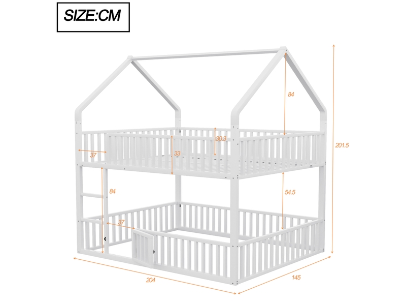 Lit superposé cabane 140 x 200 cm, porte ouvrante, échelle frontale, garde-corps, métal blanc 1 sommier sans matelas - Conforama C