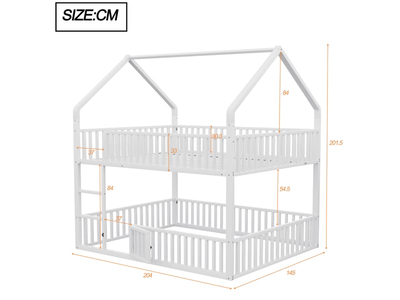  Lit superposé cabane 140 x 200 cm, porte ouvrante, échelle frontale, garde-corps, métal blanc 1 sommier sans matelas  - Conforama C