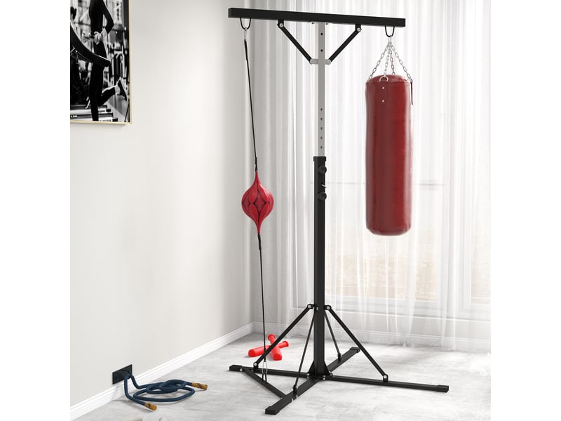  Support de sac de frappe réglable en hauteur avec speedball, structure en métal, 160 x 145 x 175-220 cm (l x l x h), noir  - Conforama D