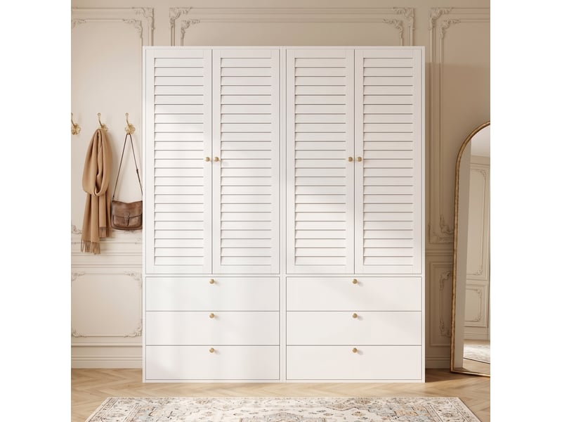  Armoire 4 portes 180x50x200 cm, portes à lamelles, 6 tiroirs, panneau de particules blanc, grand rangement de vêtements  - Conforama B