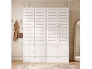 Armoire 4 portes 180x50x200 cm, portes à lamelles, 6 tiroirs, panneau de particules blanc, grand rangement de vêtements