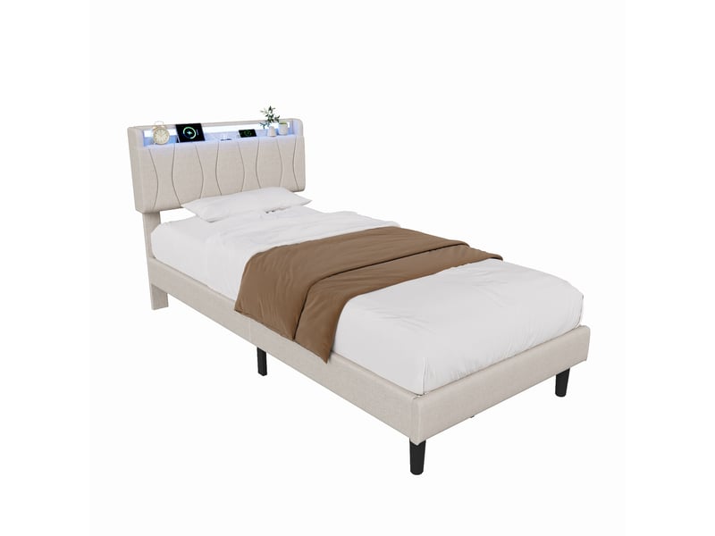  Lit simple capitonné 90x200cm avec cadre de lit à lattes et lumière led, tête de lit, beige  - Conforama A