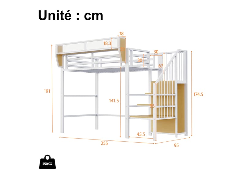Lit mezzanine simple 90x200 cm en métal avec étagère amovible et échelle de sécurité, sans matelas, blanc - Conforama D