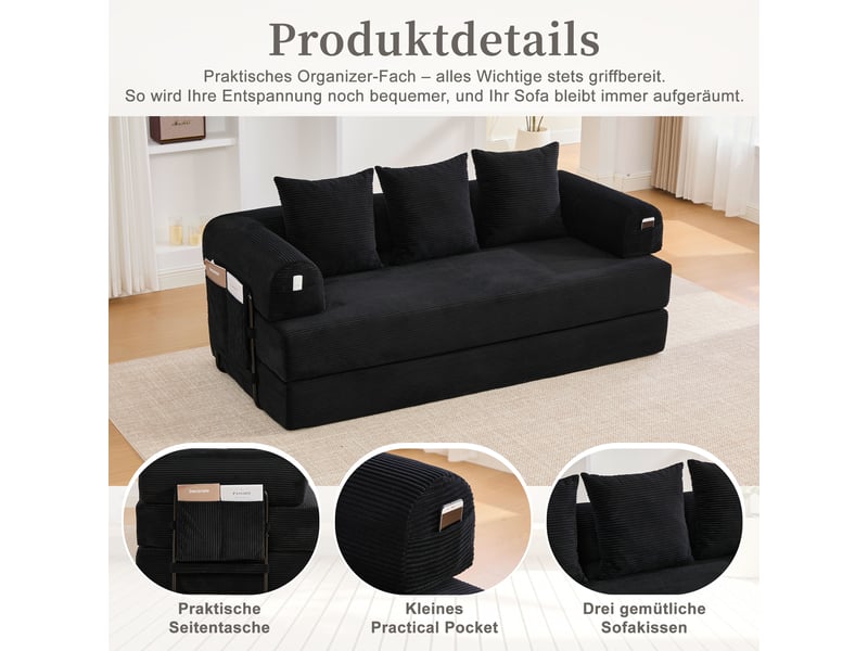  Canapé convertible, canapé-lit, en tissu, noir, poches latérales  - Conforama A