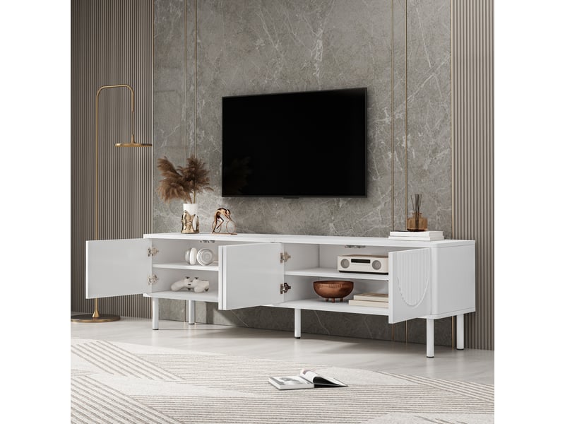  Meuble tv bas moderne 180 cm, surface mate, gestion des câbles, design minimaliste, blanc  - Conforama D