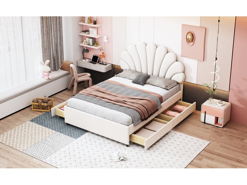  Lit avec rangement 140x200 cm, revêtement en velours, coloris beige, 4 tiroirs intégrés, tête de lit rembourrée, tête de lit florale, cadre stable  - Conforama E