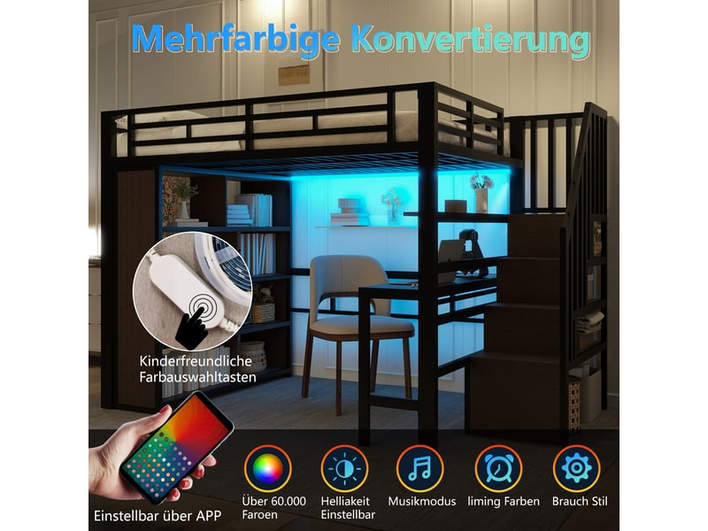 Lit mezzanine métal noir 140x200 cm avec bureau led rangement escalier - Conforama B