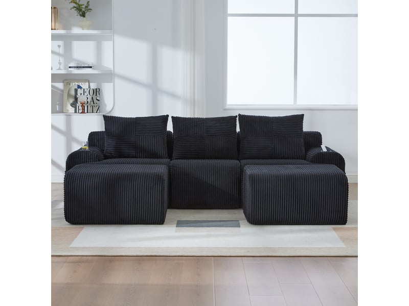 Canapé modulaire 3 places en velours côtelé avec 2 poufs, porte-gobelets, noir - Conforama B
