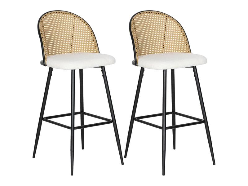  Ensemble de 2 tabourets de bar avec dossier en rotin, assise rembourrée en peau de mouton, structure en acier et repose-pieds, couleur crème  - Conforama A