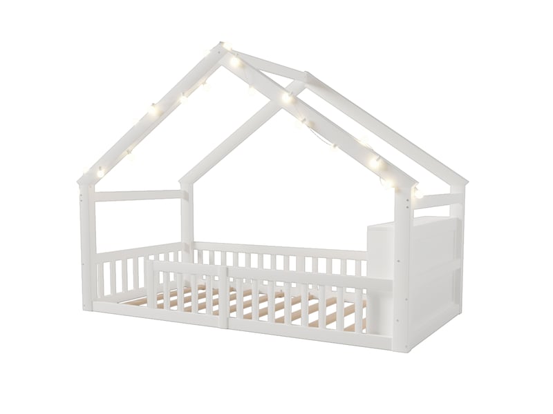  Lit 90x190 cm forme cottage avec sommier, blanc, sans matelas  - Conforama D