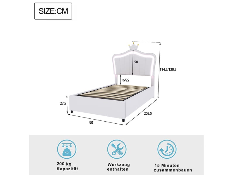  Modenvie lit coffre enfant 90x200 cm - avec led et rangement hydraulique, sans matelas - blanc  - Conforama C