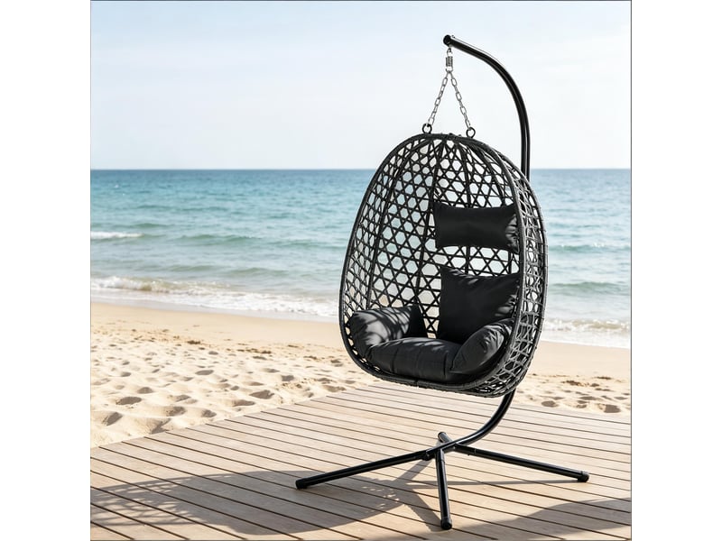 Fauteuil œuf suspendu réglable avec support et rotation 360°, en métal et rotin pe anthracite, 105 × 105 × 195 cm  - Conforama C