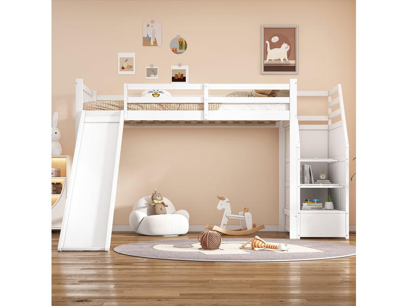  Modenvie lit mezzanine enfant 90x200 cm - avec toboggan, escalier de rangement, sans matelas - blanc  - Conforama B