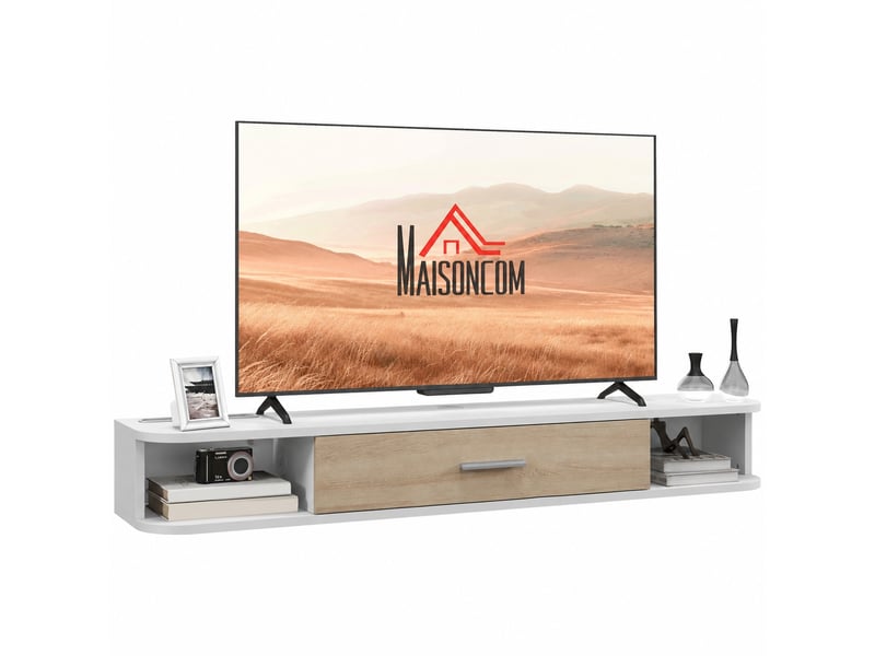  Meuble tv suspendu mural pour écran jusqu'à 50 pouces, blanc et effet chêne, 120 x 26 x 16 cm  - Conforama A