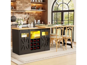 Îlot de cuisine extensible 3 en 1 avec table à manger pivotante à 360°, meuble de rangement avec portes vitrées style grange, éclairage led rgb contrôlé par application, noi