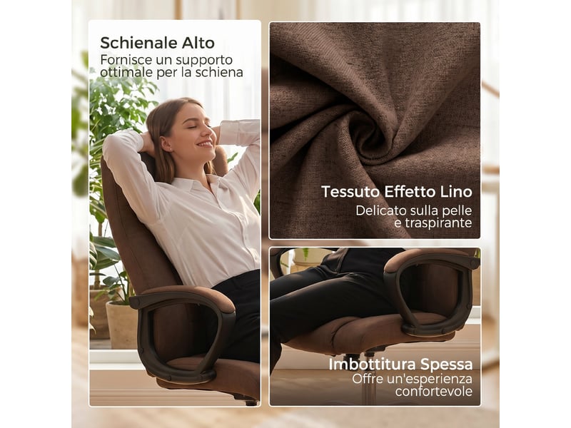  Fauteuil de bureau ergonomique inclinable et pivotant en tissu effet lin avec appui-tête, marron  - Conforama E