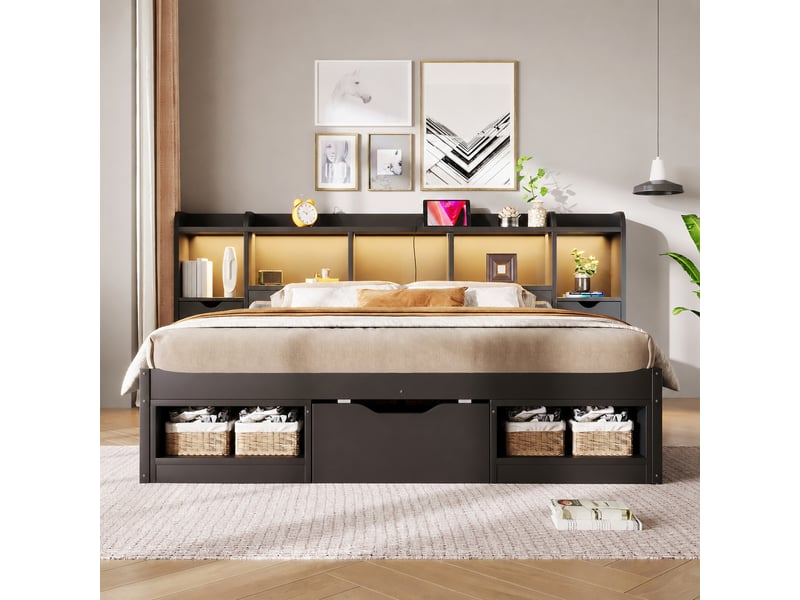 Lit plateforme 140 x 200 cm avec rangement, tête de lit bibliothèque, led réglable et prise usb, noir - Conforama C