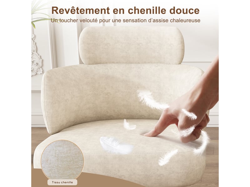  Fauteuil 1 place - 56,5x46x89 - chaise chenille pivotante 360° avec accoudoirs, coussin épais 14cm, pieds métal - blanc crème  - Conforama D