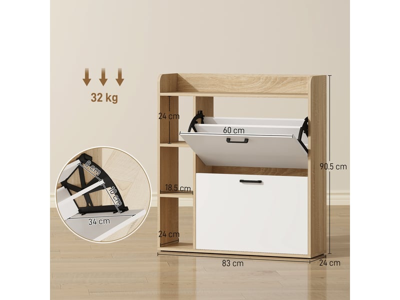 Étagère à chaussures étroite, 2 tiroirs inclinables, 3 compartiments ouverts, capacité 15 paires, 83 x 24 x 90,5 cm, aspect bois et blanc - Conforama D