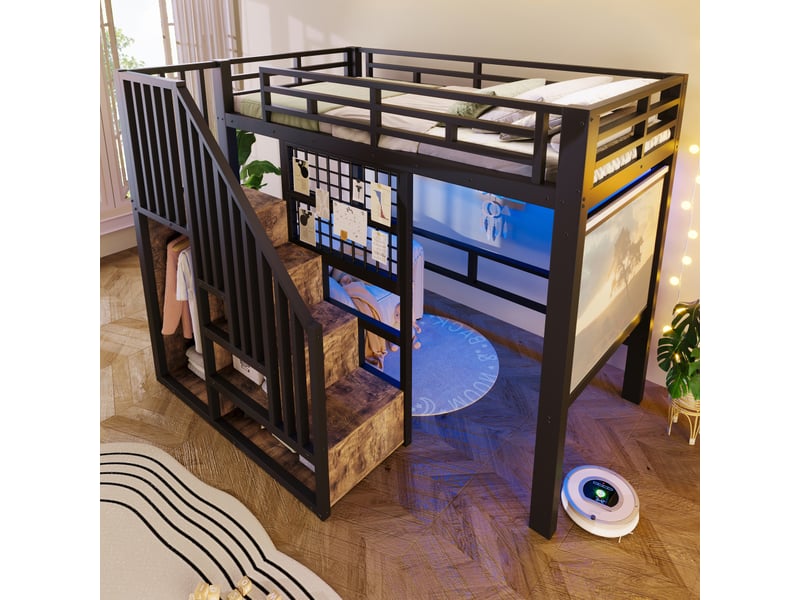  Lit mezzanine, 90 x 200 cm, lit en fer, escalier de rangement, rambarde, barre de penderie, éclairage led, sans matelas, noir  - Conforama B