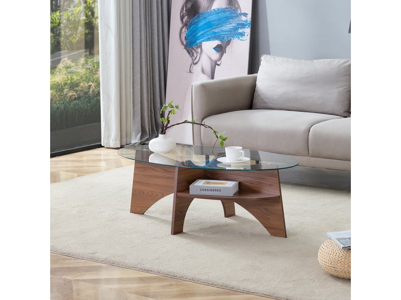  Table basse ovale avec étagère et structure à compartiments, en verre de sécurité et mdf, transparent noyer - uvrion  - Conforama C