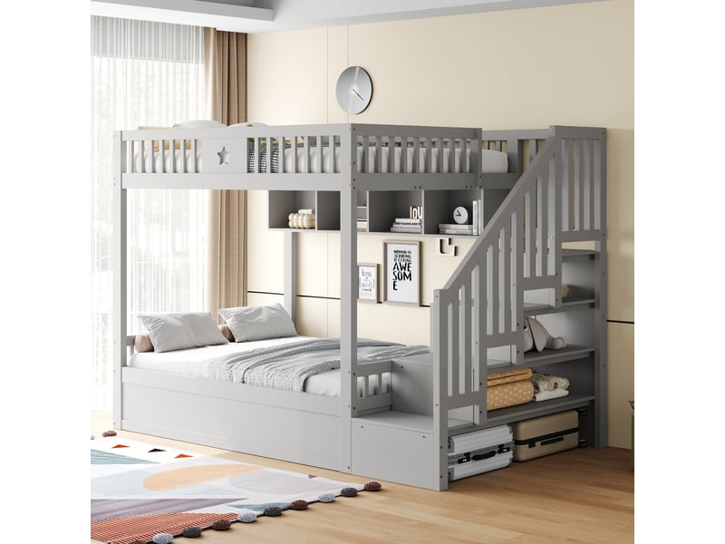  Lit en bois 140 x 200 cm, rangement hydraulique sous le lit, escalier de rangement, étagères, lit mezzanine, lit superposé, lit enfant, gris  - Conforama B