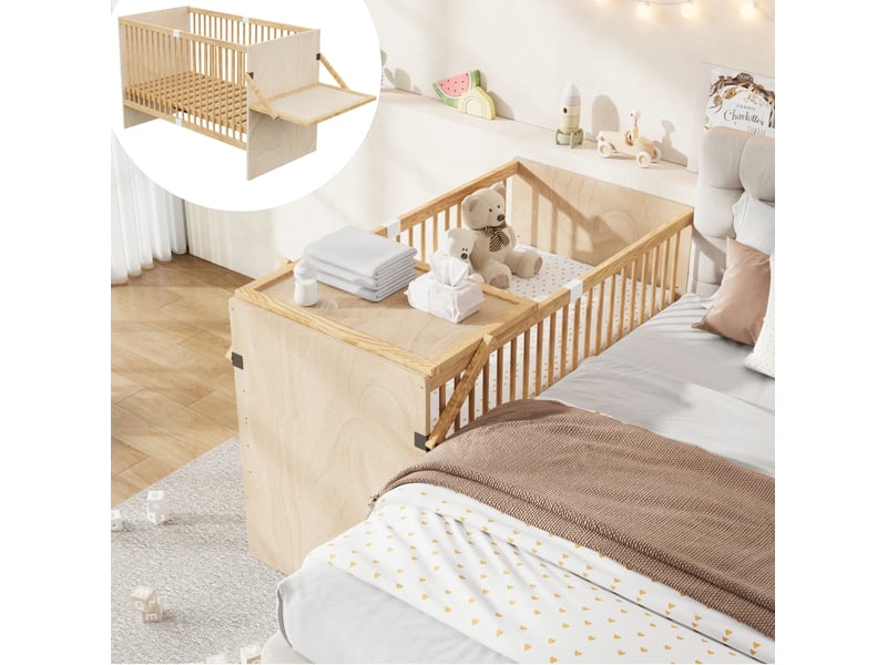  Lit bébé 140 × 70 cm avec table à langer latérale rabattable, sommier réglable sur 4 hauteurs, en bois de pin naturel  - Conforama E