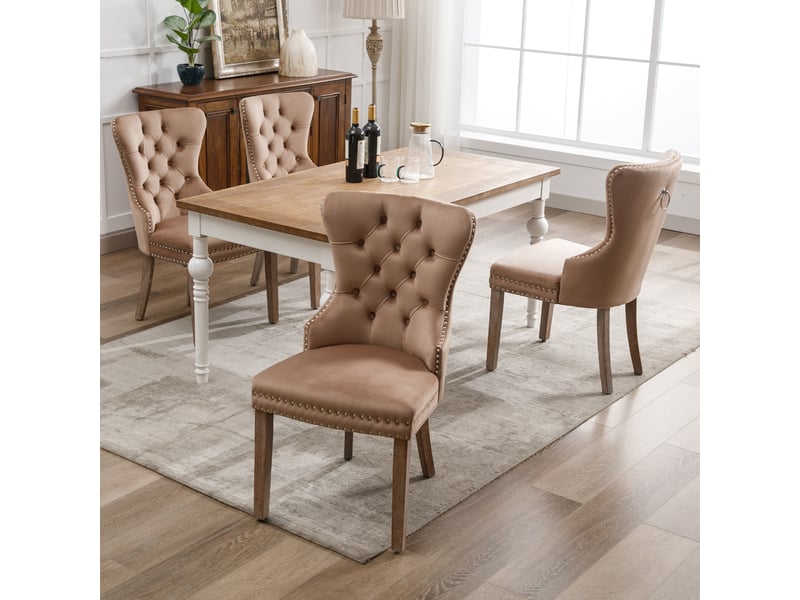 Lot de 4 chaises de salle à manger velours brun, pieds bois massif, clous décoratifs, poignée au dossier, style chic  - Conforama B