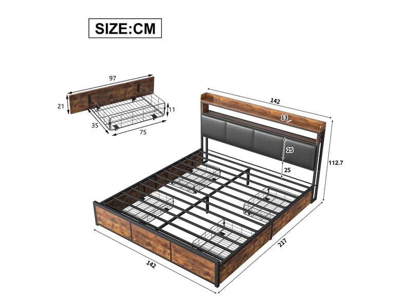 Lit 140x200 cm - lit double 140x200 - cadre de lit métal, bois industriel avec 4 tiroirs, tête de lit pu, led rgb - noir - Conforama E