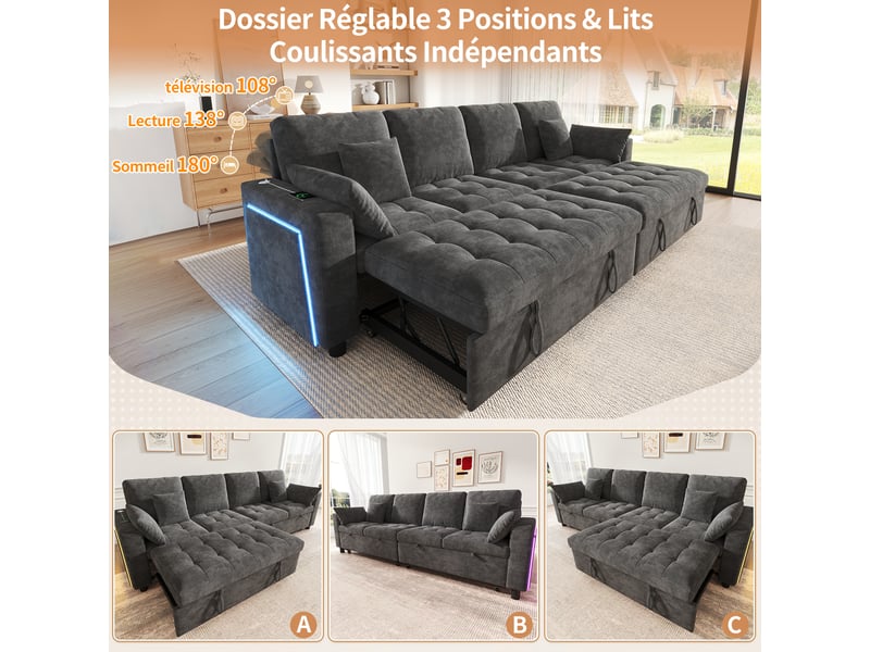  Canapé d'angle convertible 4 places 262,5x140x89 cm en chenille, canapé-lit avec 2 couchages escamotables, dossier réglable, led, usb type-c -gris  - Conforama D