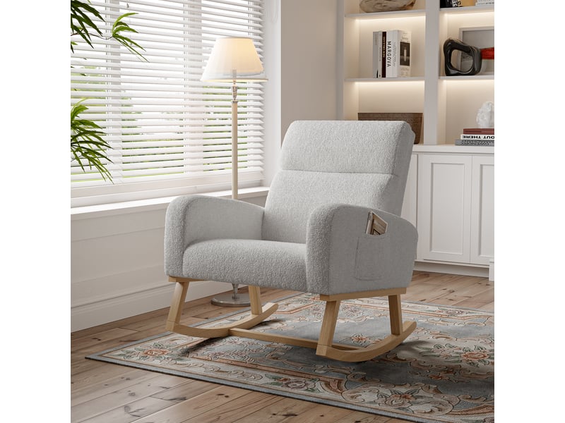  Fauteuil à bascule - 69,2 x 78,5 x 87 cm - gris clair - en tissu bouclette - chaise à bascule confortable avec pieds en bois  - Conforama C