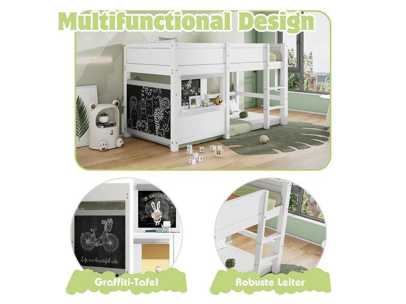  Lit cabane enfant 90x200 superposé blanc avec tableau noir et étagère  - Conforama D