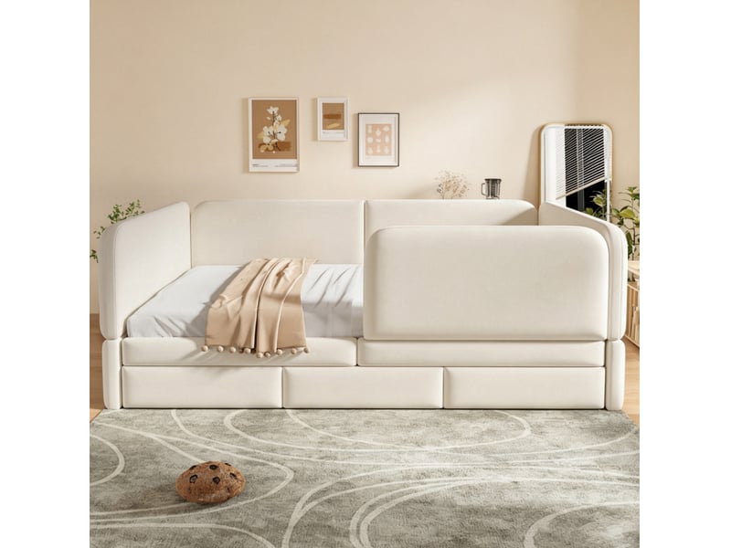  Lit enfant 140 × 200 cm avec contour de sécurité, coins arrondis, 3 tiroirs de rangement, en velours beige pour chambre  - Conforama B