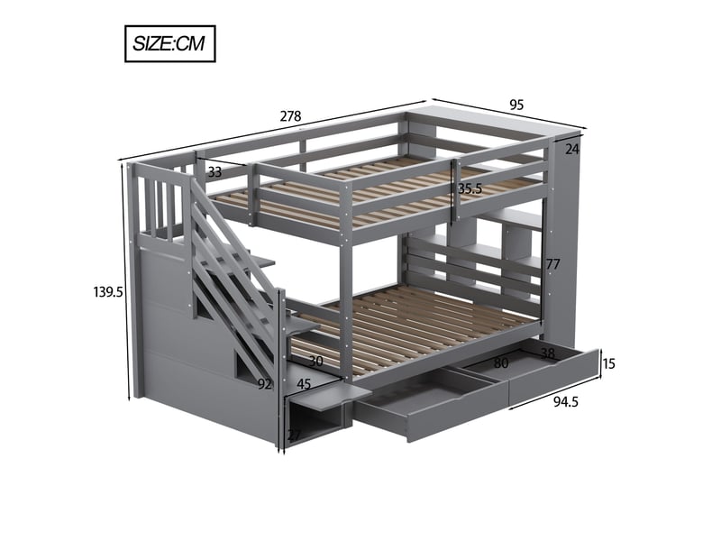 Modenvie lit superposé 90x200 cm - escalier avec rangement et tiroirs, sommier inclus - gris  - Conforama C