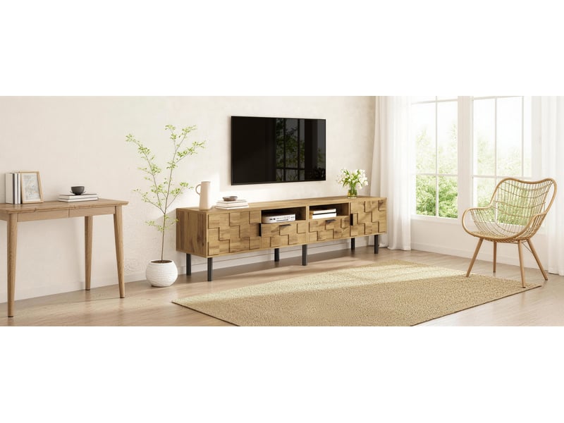  Meuble tv 2 portes 2 tiroirs avec rangement - lpospi - niches passe-câbles panneaux de particules naturel  - Conforama E