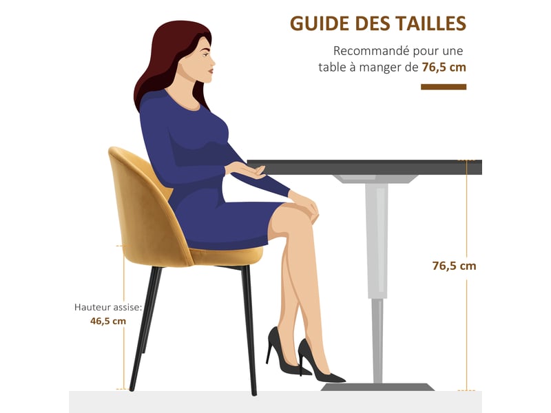  Lot de 2 chaises salle à manger chaise de cuisine scandinave chaise en velours rembourrée avec pieds effilés en métal, pour salon, jaune, salle à manger  - Conforama W