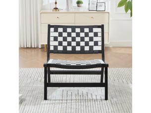 Fauteuil sans accoudoirs à tressage damier, assise basse avec coussin, structure en bois et pu noir, 71 × 66 × 72 cm