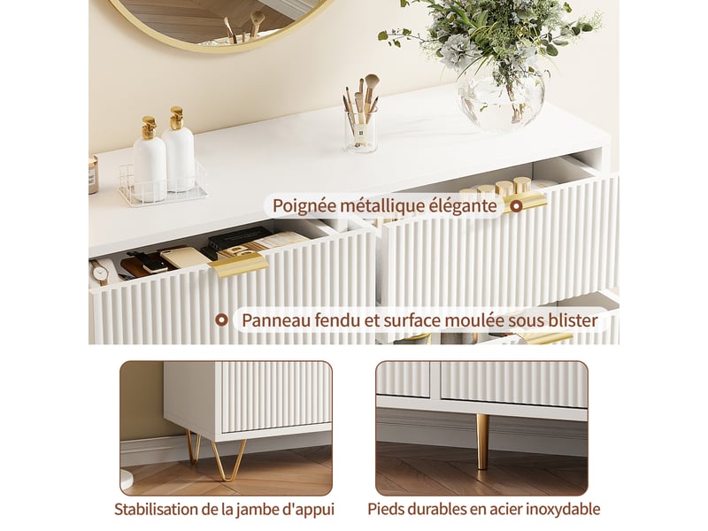 Commode 6 tiroirs 100 cm, commode chambre meuble de rangement moderne avec poignées et pieds dorés - Conforama E